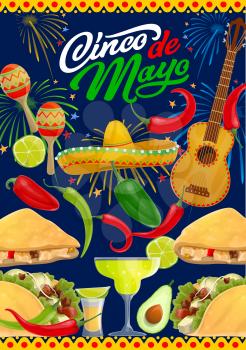 Cinco de Mayo fiesta party guitar, sombrero, food and drink of Mexican holiday vector greeting card. Mariachi maracas, tequila margarita and chilli, tacos, nachos and avocado with festive fireworks