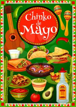 Cinco de Mayo fiesta party food and drink of Mexican holiday vector design. Guitar, maracas and cactus, tequila margarita, chilli pepper and tacos with avocado guacamole and tomato sauce greeting card