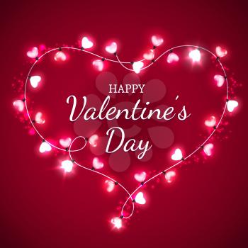 Happy Valentines Day vector greeting card with love heart of red lights. Heart, composed of pink light bulbs or glass lamps garland with glowing sparkles. Romantic love holiday celebration design