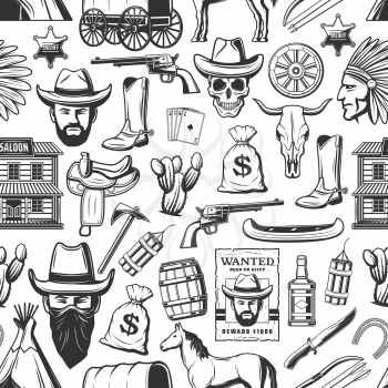 Western seamless pattern, wild west cowboy and Indian, cactus and coins, revolver and axe. Vector saloon and horse, boot and skull, play cards and dynamite. Whiskey and boat, knife and saddle