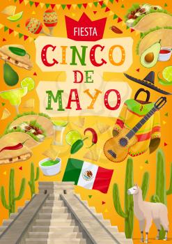 Cinco de Mayo fiesta and Mexican traditional 5 May holiday celebration. Vector Cinco de Mayo symbols, flags and avocado guacamole, cactus tequila and Mexico Aztec or Mayan pyramid, poncho and pepper