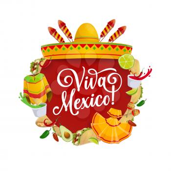 Mexican fiesta party sombrero, food and mariachi costumes vector design of Cinco de Mayo holiday. Chili tacos, nachos and avocado guacamole, festive hat, maracas, fireworks. Puebla Battle anniversary