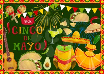 Cinco de Mayo fiesta party sombrero, guitar and mariachi costumes vector greeting card of Mexican holiday. Tequila margarita, chilli pepper and maracas, tacos, nachos and avocado with festive bunting