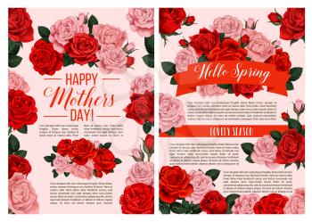 Happy Mothers Day springtime seasonal holiday greeting cards of red roses and flowers bunch for spring season celebration. Vector design of blooming roses bouquets and rose blossom buds