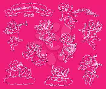 Cupid vector sketches with Gods of love and desire. Amurs or cherubs with angel wings, love arrows and bow, hearts, pipe and harp, cloud and ribbon banners. Valentines Day holiday greeting card design