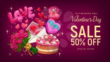 Valentines Day sale offer vector banner with romantic gifts and red hearts. Wedding ring, love letter envelope and candies, chocolate cake, bouquet of rose flowers and balloons, discount price promo