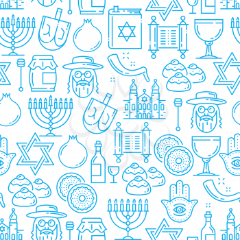 Jewish symbols seamless pattern, Judaism religion. Vector pomegranate and Jew man, David star and bun, goblet and ingot, temple and Hamsa hand. Honey and candlestick, wine and horn outline, line art