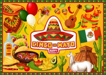 Happy Cinco de Mayo, Mexican 5th May holiday fiesta. Vector party decoration symbols and Cinco de Mayo food, lama at Aztec pyramid, nachos in guacamole, tequila with pepper, poncho and sombrero