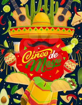 Cinco de Mayo Mexican sombrero, guitar and maracas with moustaches vector greeting card. Fiesta party mariachi hat, tequila margarita and chilli peppers, tacos, nachos and avocado with festive bunting