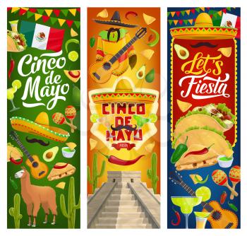 Mexican holiday Cinco de Mayo greeting banners with traditional Mexico celebration symbols. Vector Mexican 5th May fiesta party food nachos and tacos, Aztec and Maya pyramids, cactus tequila and lime