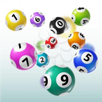 Lottery balls 3d vector of bingo, lotto or keno gambling games. Colourful spheres with numbers of winning combination. Gaming sport or leisure activity themes