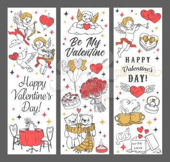 Valentines Day Cupids and hearts vector greeting banners of romantic holiday design. Heart shaped present boxes, wedding ring and balloons, chocolate cake, rose flowers and Amurs with love arrows