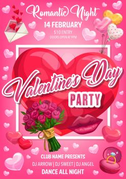 Valentines Day romantic night party vector invitation with red hearts, flowers bouquet and balloons, wedding ring, love letter envelope and kiss lips. Holiday of love and attraction design