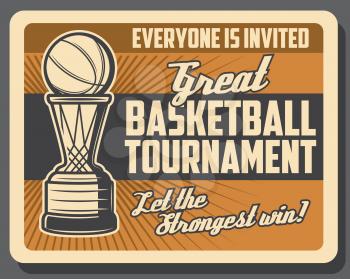 Basketball sport game, basket and ball, retro vector. Sporting tournament, team game league. Championship and competition, activity and hobby, invitation on match, sport event announcement