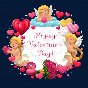 Cupids with Valentines Day hearts vector design of romantic love holiday. Wedding ring, balloons and red rose flowers bouquet, Amur angels with arrows, bow and harp frame, greeting card