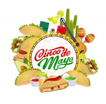 Cinco de Mayo Mexican holiday vector greeting card with fiesta party sombrero, maracas and cactus. Tequila margarita, flag of Mexico and tacos, chilli pepper and avocado guacamole sauces