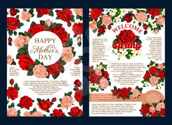 Flower wreath and spring blossom greeting banner for Happy Mother Day celebration design. Welcome spring festive poster, framed with red and pink rose flower, blooming jasmine branch and green leaf