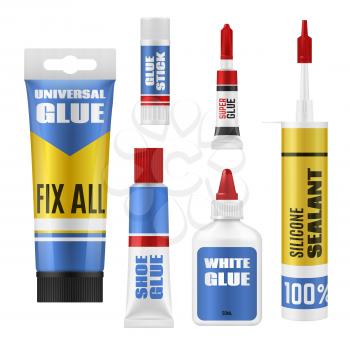 Glue stick, tube and bottle packages vector mockup. Super glue, shoes repair and universal adhesives, silicone sealant and PVA containers with plastic lids. School supplies or office stationery design