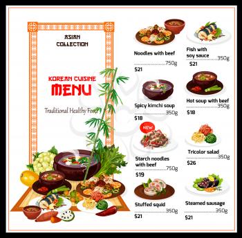Menu of Korean cuisine, vector. Noodle with beef and fish with soy sauce, spicy kimchi soup and starch noodles. Tricolor vegetables salad and stuffed squid, steamed sausage on plate, soup and sweets