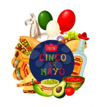 Cinco de Mayo traditional greeting and party celebration symbols. Vector Mexico flag balloons, tequila and quesadilla with tacos, guacamole avocado and tomato mole salsa, maracas and jalapeno pepper