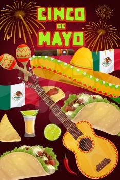Cinco de Mayo fiesta party vector greeting card with Mexican holiday sombrero, guitar and food. Tequila margarita, maracas and flag of Mexico, chili tacos, nachos and cigar, Latin American festival