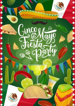 Cinco de Mayo calligraphy, Mexican holiday fiesta celebration tequila and margarita cocktail. Vector Cinco de Mayo Mexico flag balloons, sombrero and mustache with chili pepper, cactus and avocado
