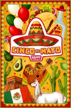 Happy Cinco de Mayo, Mexican holiday party celebration symbols. Vector Mexico flag balloons, Aztec pyramid and sombrero with guitar and poncho, Cinco de Mayo siesta party cactus tequila with avocado