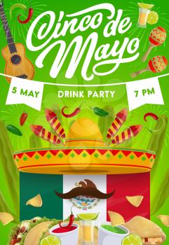 Cinco de Mayo fiesta party vector invitation with Mexican holiday food and drink. Sombrero, moustche and guitar, cactus, maracas and Mexico flag, tequila margarita, chili tacos, nachos and avocado