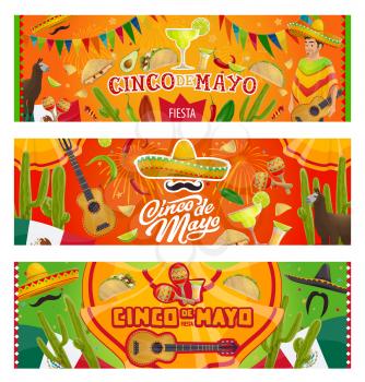 Cinco de Mayo fiesta party vector invitations with Mexican holiday sombrero, moustaches and guitar. Mariachi maracas, cactus and flag of Mexico, tequila margarita, chilli tacos and nachos with bunting