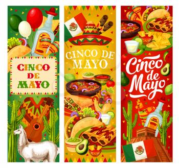Cinco de Mayo fiesta, Mexico holiday and party celebration banners. Vector traditional Cinco de Mayo Mexican food with sombrero, cigar and poncho, cactus tequila, Aztec pyramid and jalapeno pepper