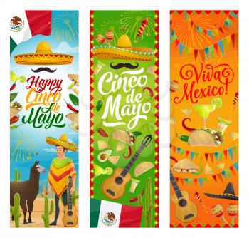 Cinco de Mayo and Viva Mexico vector greeting cards with Mexican holiday sombrero, mariachi guitar and maracas. Tequila margarita, cactus and chilli pepper, fiesta party tacos, nachos and fireworks