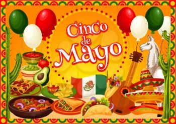 Cinco de Mayo Mexican fiesta party sombreros, guitar and cactus vector greeting card. Mexico flag, chilli tacos and nachos with avocado guacamole and tomato sauce, alpaca and balloons