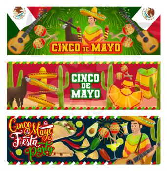 Cinco de Mayo fiesta party vector invitations with Mexican holiday symbols. Mariachi with guitar, maracas and sombrero, cactus, tequila margarita and flag of Mexico, chilli tacos and avocado guacamole