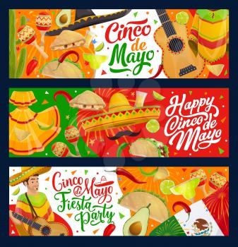 Mexican fiesta party vector design of Cinco de Mayo holiday mariachi with guitar, sombrero and maracas. Tequila margarita, cactus and chilli, flag of Mexico, tacos and nachos with festive fireworks