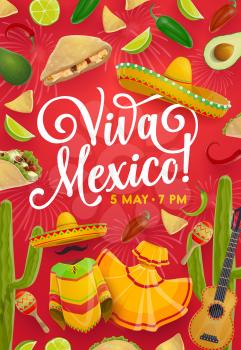 Viva Mexico fiesta party invitation with guitar, sombrero and cactus of Cinco de Mayo holiday. Mariachi hat, costume and moustache, maracas, chili tacos and nachos, avocado, lime and jalapeno