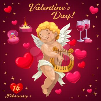 Valentines Day Cupid playing harp vector greeting card. Amur with hearts, wedding ring and glasses of wine, angel wings and candle. Romantic love holiday celebration design
