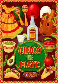 Mexican holiday guitar, maracas and cactus of Cinco de Mayo fiesta party vector greeting card. Tequila margarita, chilli tacos and burritos, avocado guacamole, tomato sauce and mariachi costumes