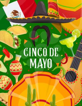 Cinco de Mayo fiesta mariachi sombrero, guitar and moustaches vector design of Mexican holiday greeting card. Cactus, maracas and flag of Mexico, tequila margarita, chilli tacos and nachos