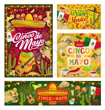 Cinco de Mayo Mexican holiday vector banners. Fiesta party sombrero, cactus and tequila margarita, Mexico flag, mariachi guitar and maracas, chilli, tacos and nachos greeting card with bunting frame