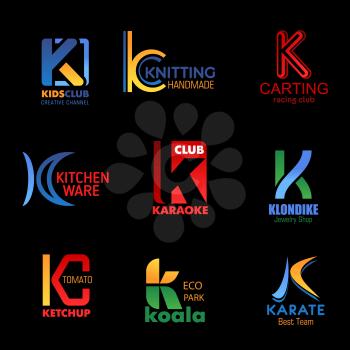 Letter K corporate identity icons and brand company symbols. Vector K creative kids club, handmade knitting shop, carting racing sport, kitchenware store and karaoke bar, jewelry shop and karate team