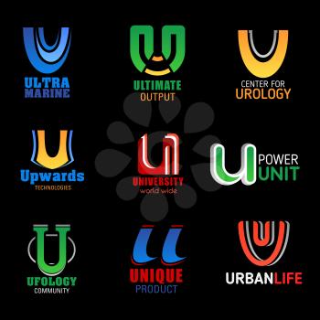 U letter icons of urology clinic, technology industry and business university. Vector abstract U symbols of ufology science community, unique product design and urban life corporate brand identity