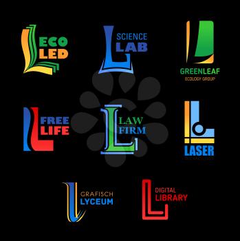 L letter company and brand icons, business corporate identity signs. Vector L of eco led industry, science lab or green leaf ecology group and law firm, laser medical technology and digital library