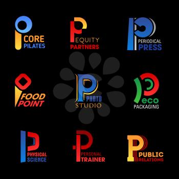 P letter icons of industry corporate identity and technology company or brand symbol. Vector P pilates fitness sport, equity partner group or periodical press media and food production or photo studio