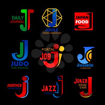 J icons of Japanese food restaurant, recruitment job portal or flowers shop. Vector J letter symbols of music, law justice and sport brand or energy innovation company corporate identity