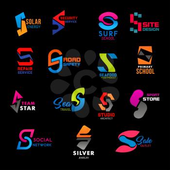 S icons, corporate identity and business company or brand design symbols. Vector letter S security and repair service, surf school or web site design agency, school sign and architect studio