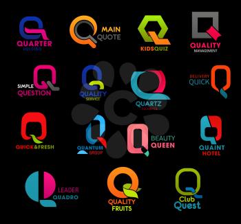 Q icons, brand and company corporate identity signs of food industry, service and technology. Vector letter S signs of quality service, delivery logistics and beauty salon studio or hotel and club