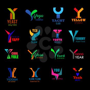 Letter Y icons and symbols corporate identity. Vector B signs of bakery shop, yoga sport center and yacht club, design studio or Asian food brand and landscaping company Yiddish art center