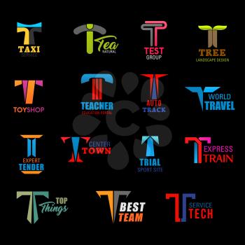 Letter T icons of taxi service, landscape design company and education portal. Vector T signs of travel agency, express train transportation, sport team od technology and toy shop
