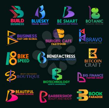 B icons and symbols of trade, engineering or food manufacture corporate identity. Vector letter B signs, building business company, travel agency or education center and medical clinic or barbershop