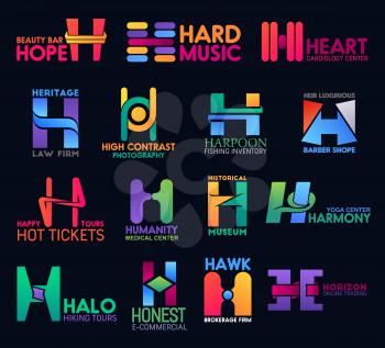 Corporate identity H icons, digital commerce and online trading company signs. Vector letter H business brokerage firm, yoga center and historical museum or barbershop and cardiology medical clinic